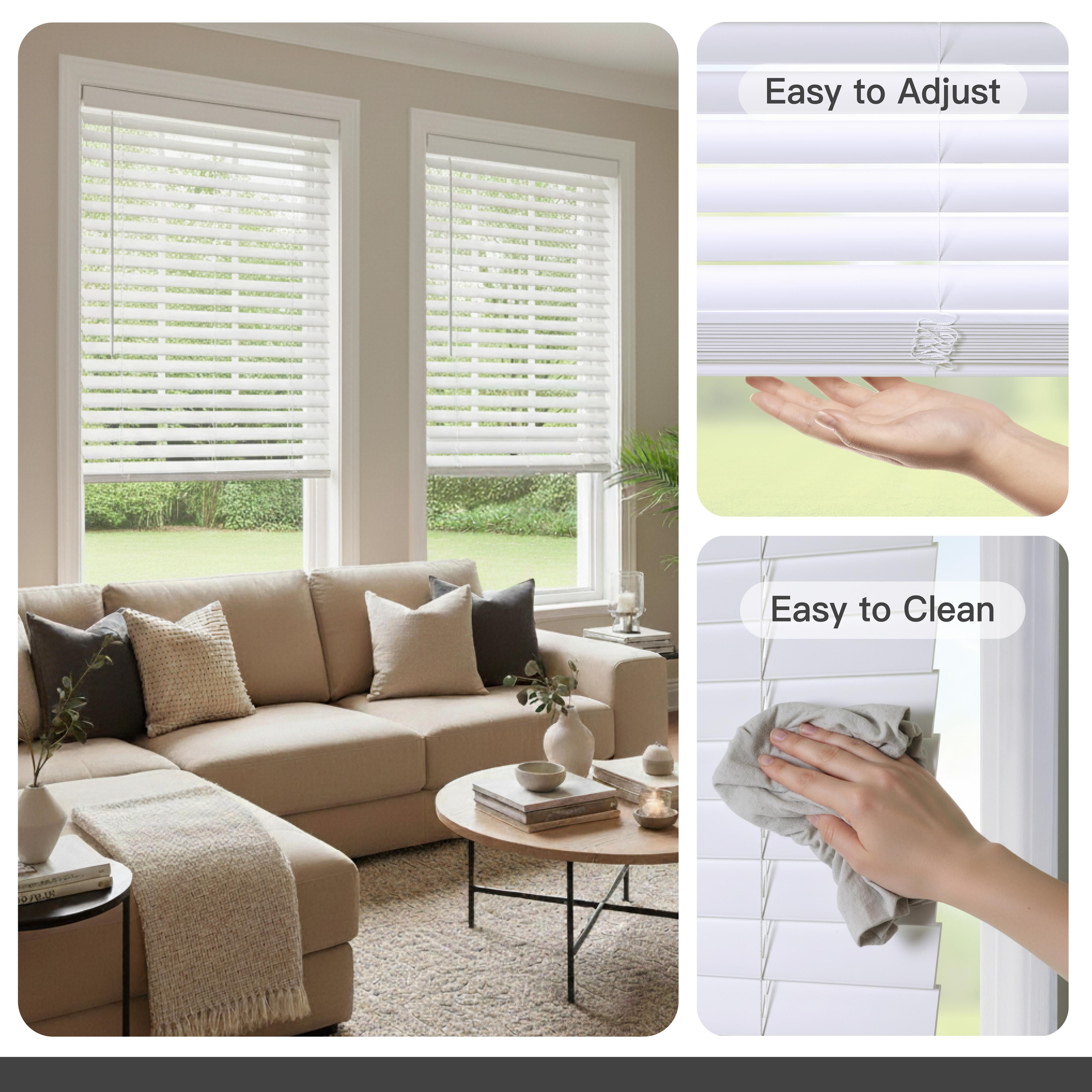 Coverscaped 2.5" Cordless Faux Wood Smooth White Blinds with 3.25" Crown Valance, 34.5" x 74"
