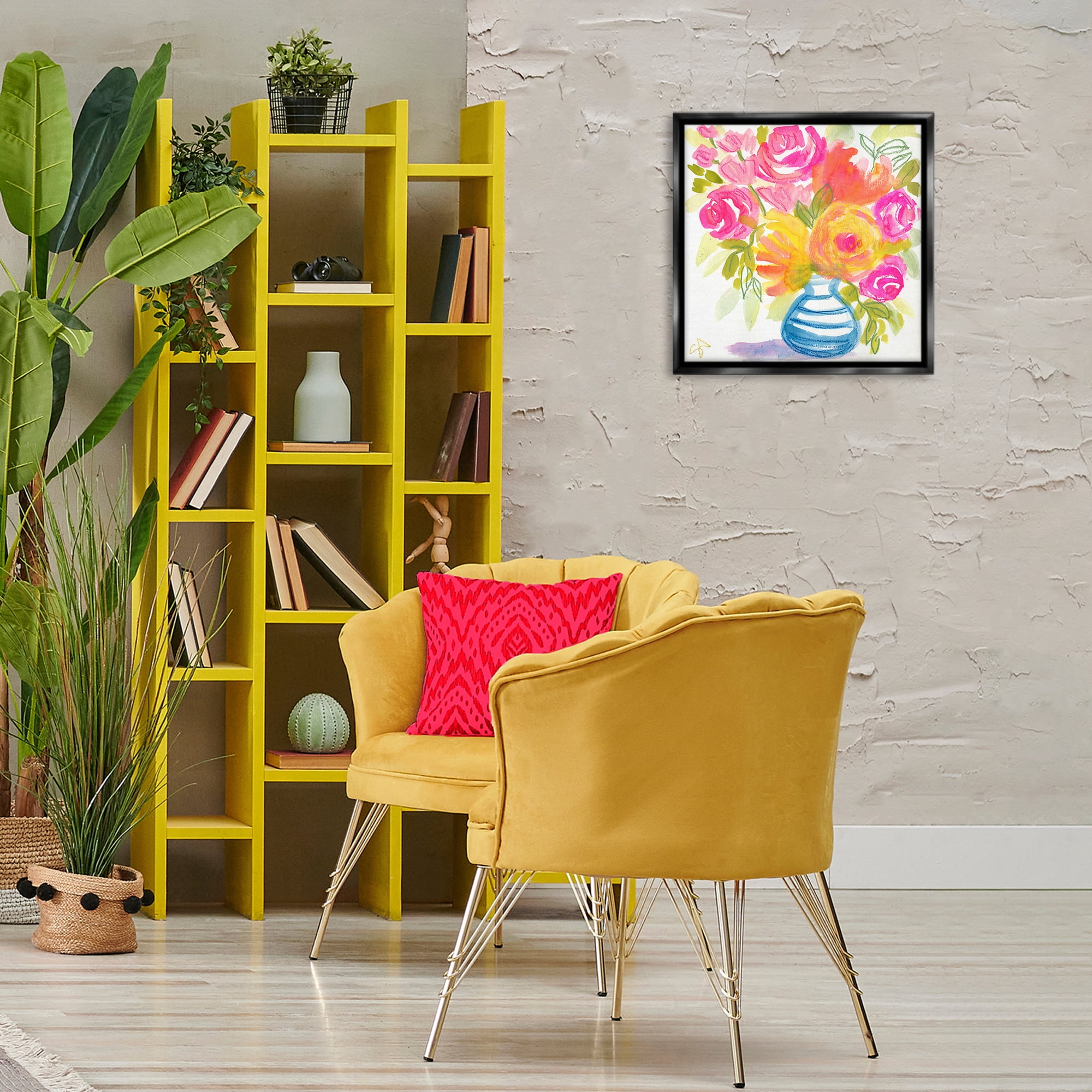 Stupell Industries Pink & Yellow Bouquet Plants & Flowers Painting Black Floater Framed Canvas Art Print Wall Art, 18 x 18