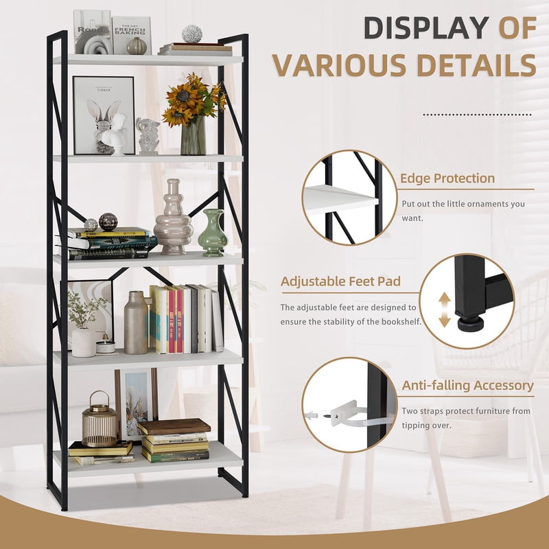 Walsunny Bookshelves Wooden Bookcases 5 Tiers H-Shaped Bookshelf with 5 Open Display Shelves White