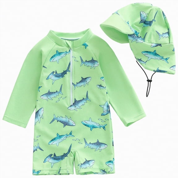 UngA Toddler Baby Boy Girl Swimsuit Newborn Rash Guard Long Sleeve One Piece Zipper Swimwear with Hat Toddler Infant Baby Boy Girl Bathing Suit (Green,18-24 Months)