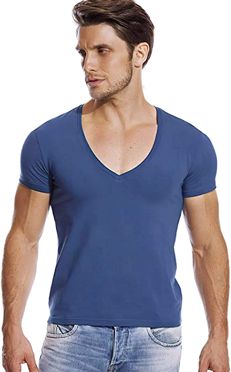 Men Tshirts Fashion Deep V-Neck Short Sleeve T-Shirt Elastic