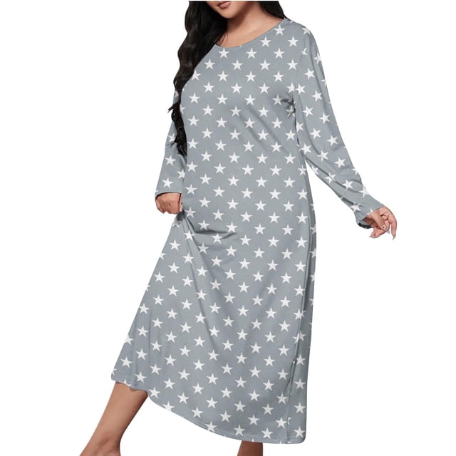 Mgmyaa Chemise de Nuit pour Femmes Manches Longues Col Rond Imprimé Chemise de Nuit Longue Vêtements de Détente Robe Maxi Décontractée Robes de Maison