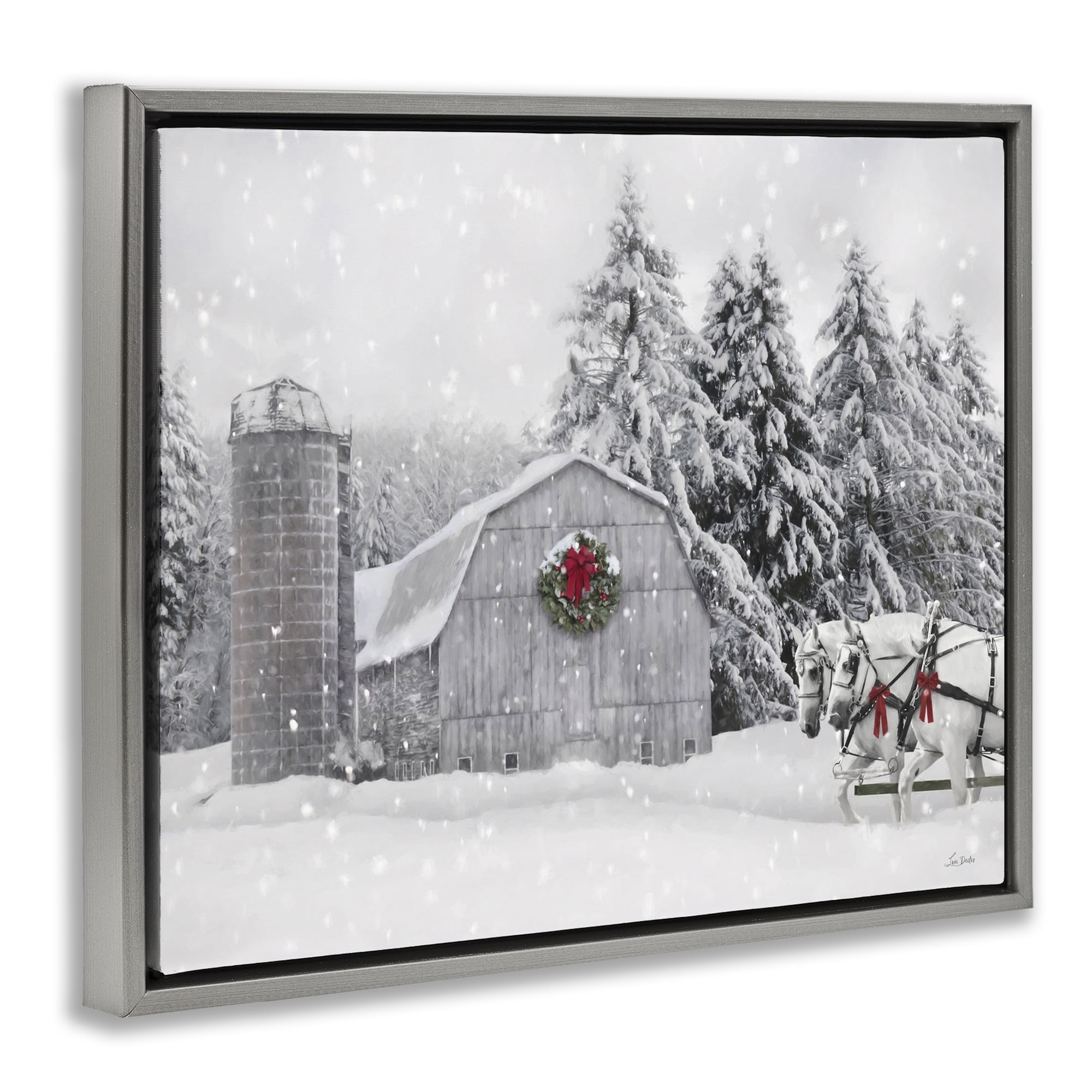 Stupell Industries Snowy Barn & Horses Holiday Painting Gray Floater Framed Canvas Art Prints Wall Art, 31 x 25