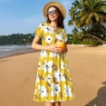 thumbnail image 4 of Picia Lilies Flowers Pattern Women's Short Sleeve Summer Dress Pleated Loose Swing Knee Length Short Sleeve Swing Dresses, 4 of 6