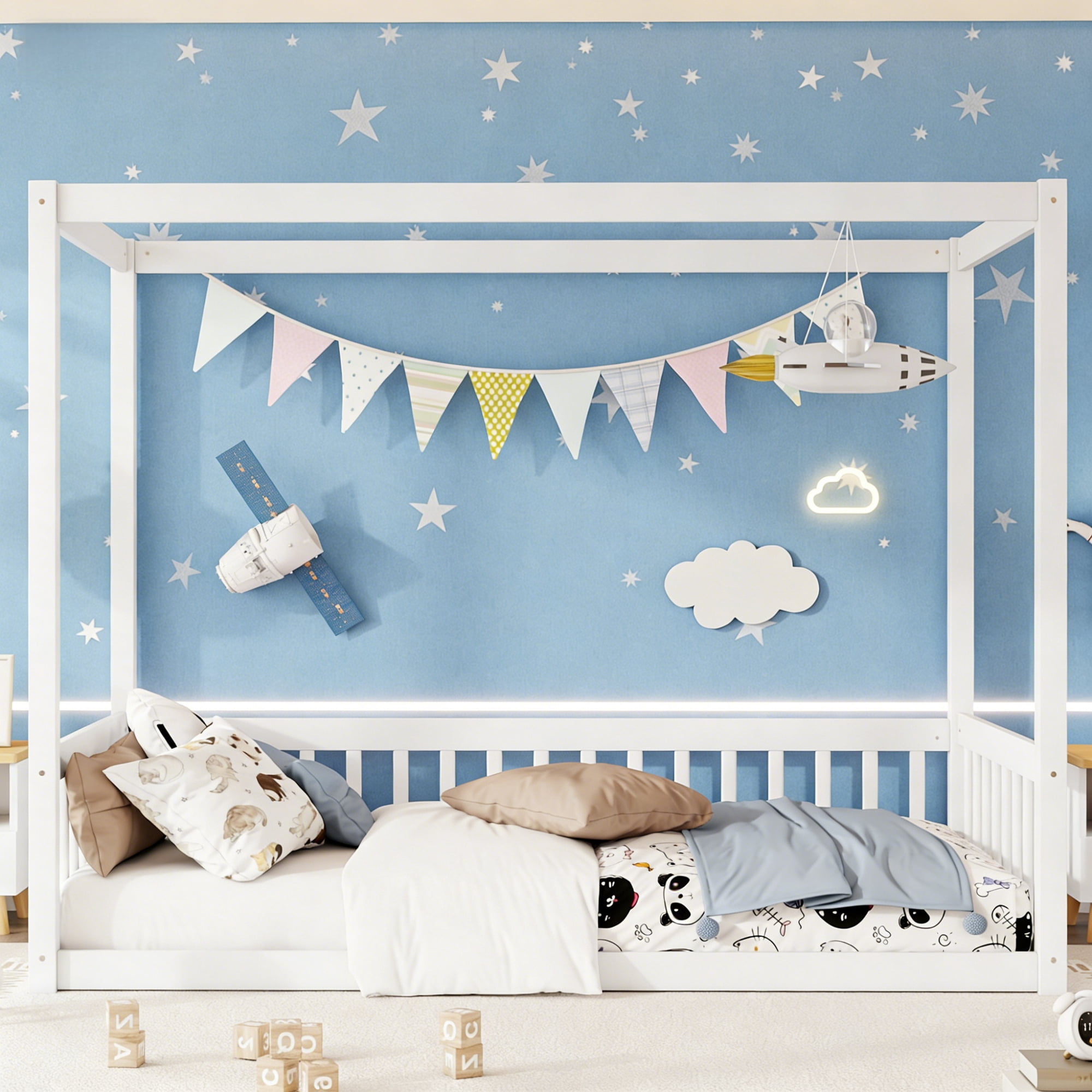 Alvantor Twin Size Floor Bed with Canopy Fence Guardrails for Kids Children Toddler Girls Boys, White