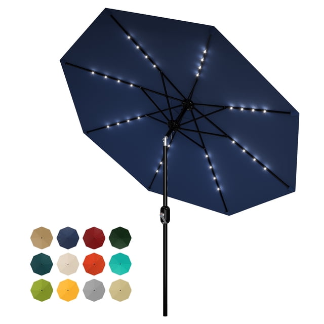 Garvee 9ft Solar LED Patio Umbrella,32 Lights,8 Sturdy Ribs,Crank Lift & Push Button Tilt, Navy Blue