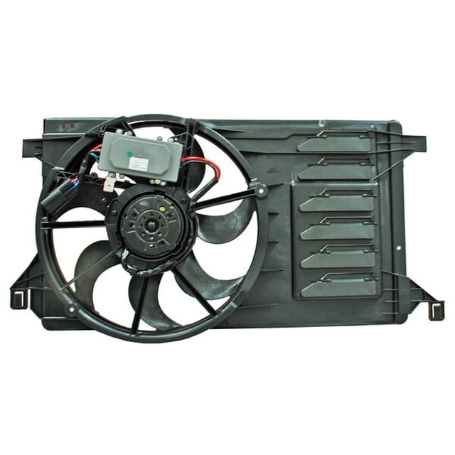 motoventilador mazda 3 2010 al 2013 generica Nuevo ensamblado completo para sistema de enfriamiento; vista frontal centrada del ventilador con aspas plásticas negras en marco rectangular, motor eléctrico con arnés y módulo visibles, número de parte 145759-2873041, 1 pieza para reemplazo de radiador; suele utilizarse también en talleres para mantenimiento rápido.