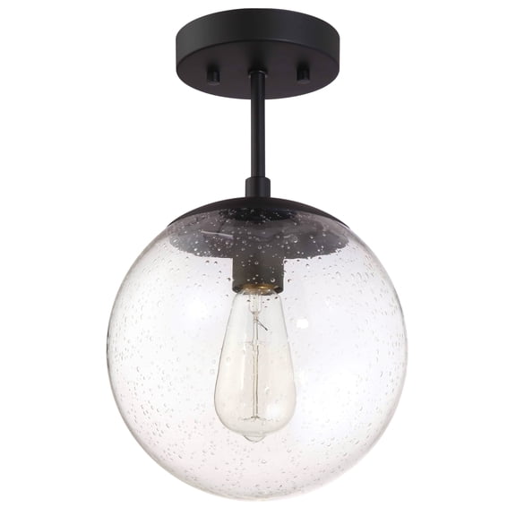 Matte Black Modern Semi-Flush Ceiling Light with Clear Seedy Glass Globe Shade, Dimmable, Kitchens and Hallways