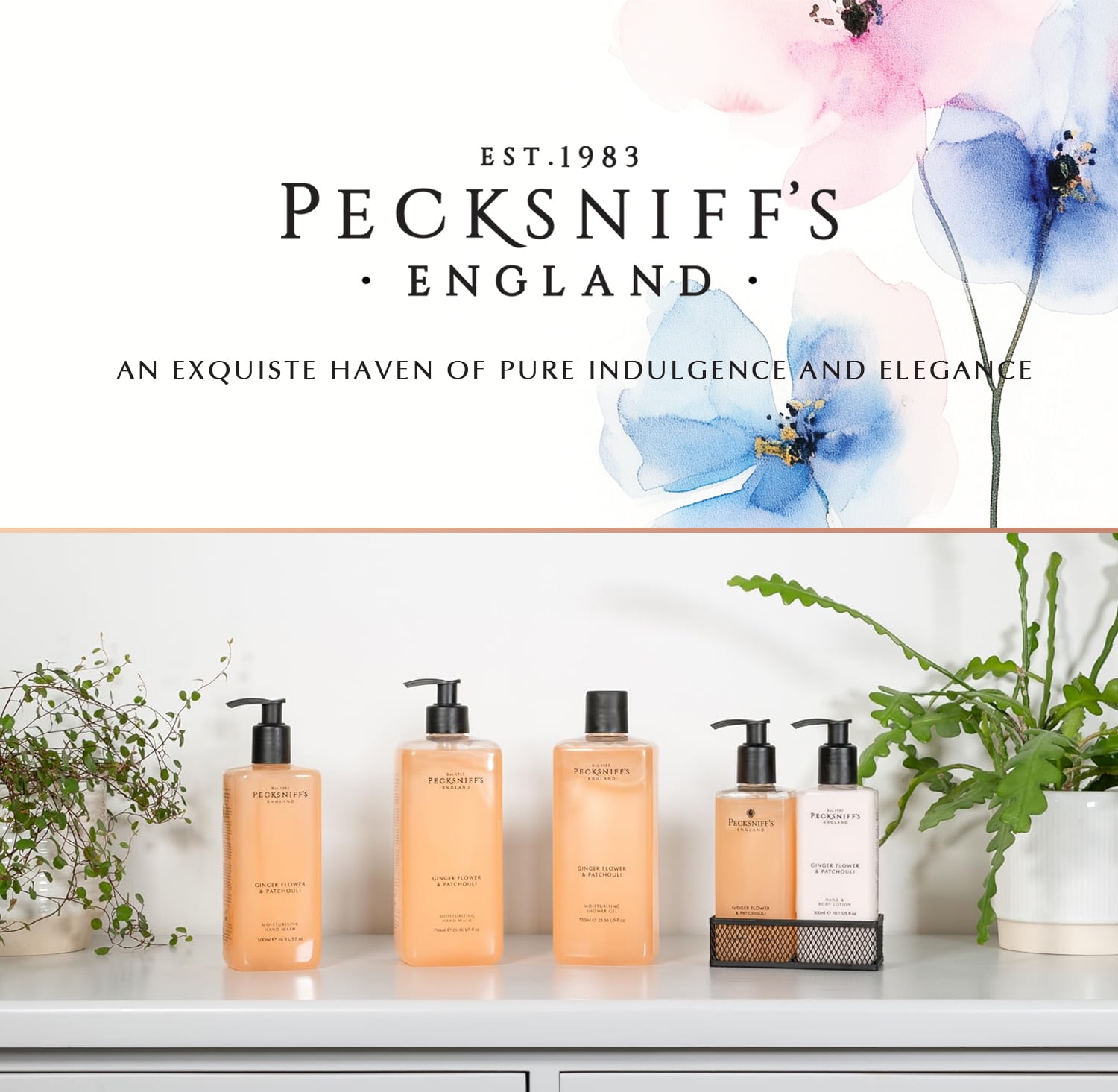 Pecksniffs Ginger Flower & Patchouli Moisturizing Hand Wash and Lotion | 300ml/10.14 fl oz