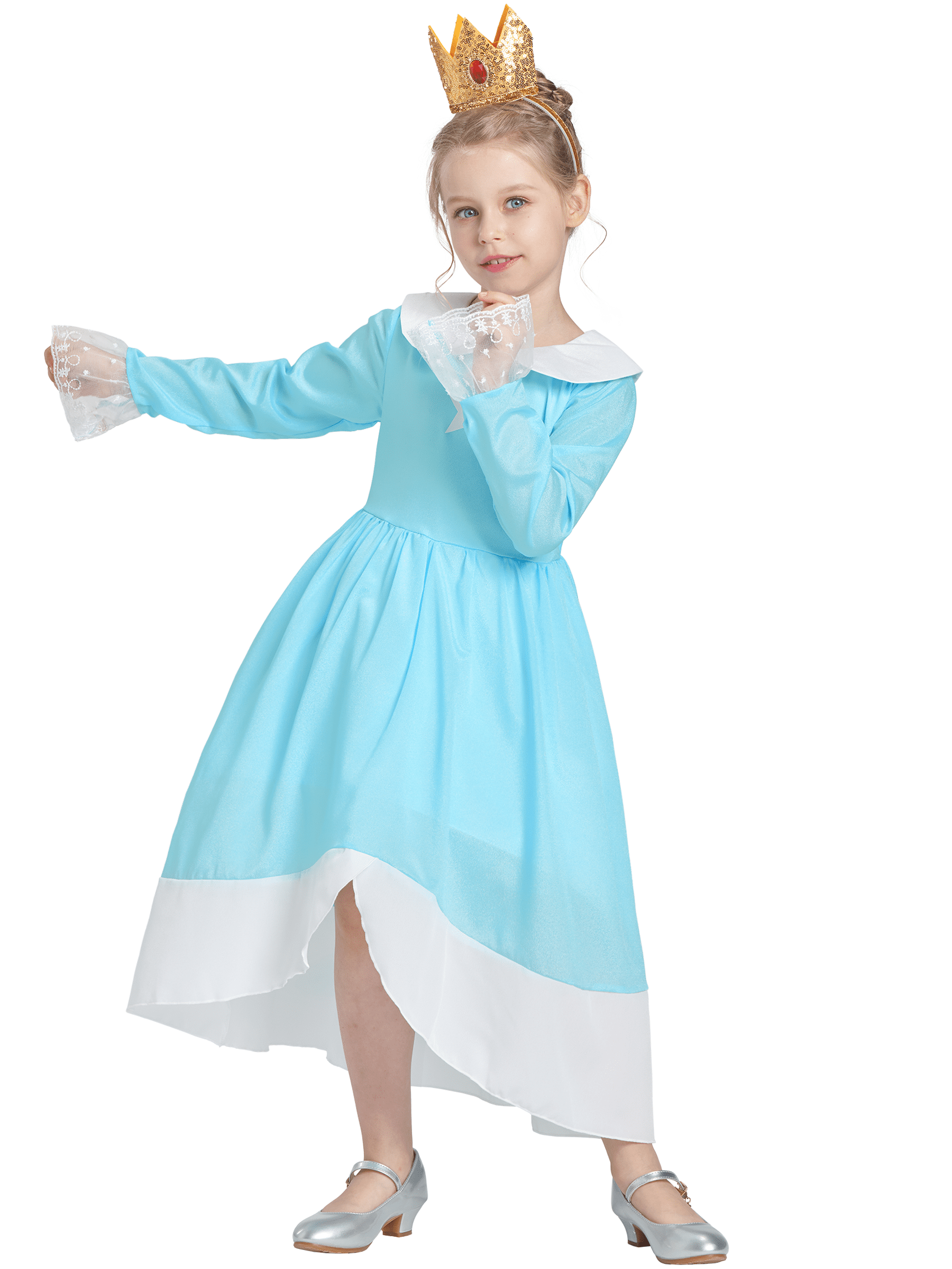 Girls Princess Costume Set, Dress Crown Suit for Kids, Children's Fancy Birthday Party Gift Blue 3-4T