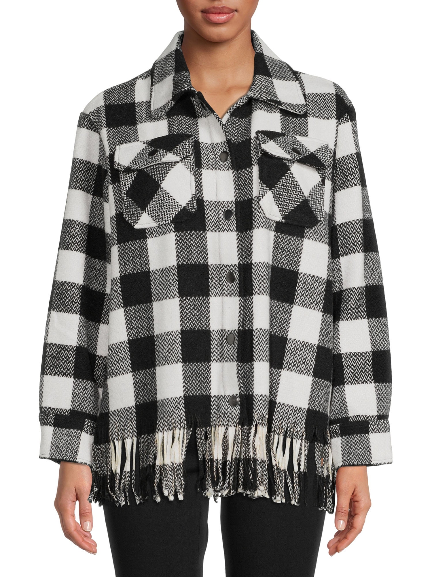Time and Tru Women's Plaid Fringe Shacket with Snap Front