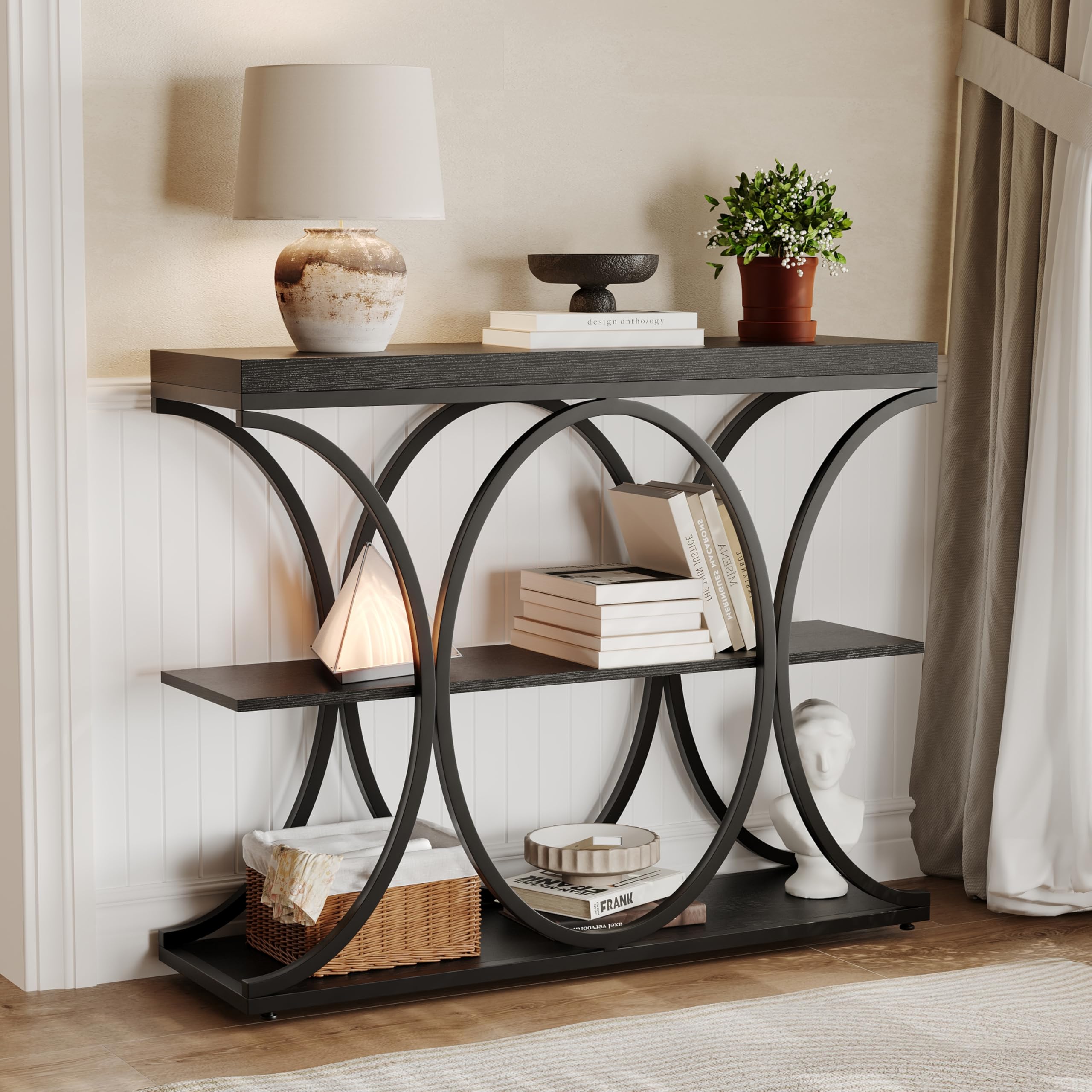Huisuilinss Console Table,39" Narrow Entryway Table,Industrial 3-Tier Sofa Table With Round Metal Base And Storage Shelves,Wood Behind Couch Table For Living Room Hallway Foyer