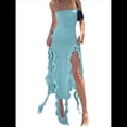 thumbnail image 3 of Vestido de Fiesta Elegante de Verano para Mujer, Sin Tirantes, Tubo, Midi, Ajustado, con Volantes Irregulares y Borlas Azul S, 3 of 7