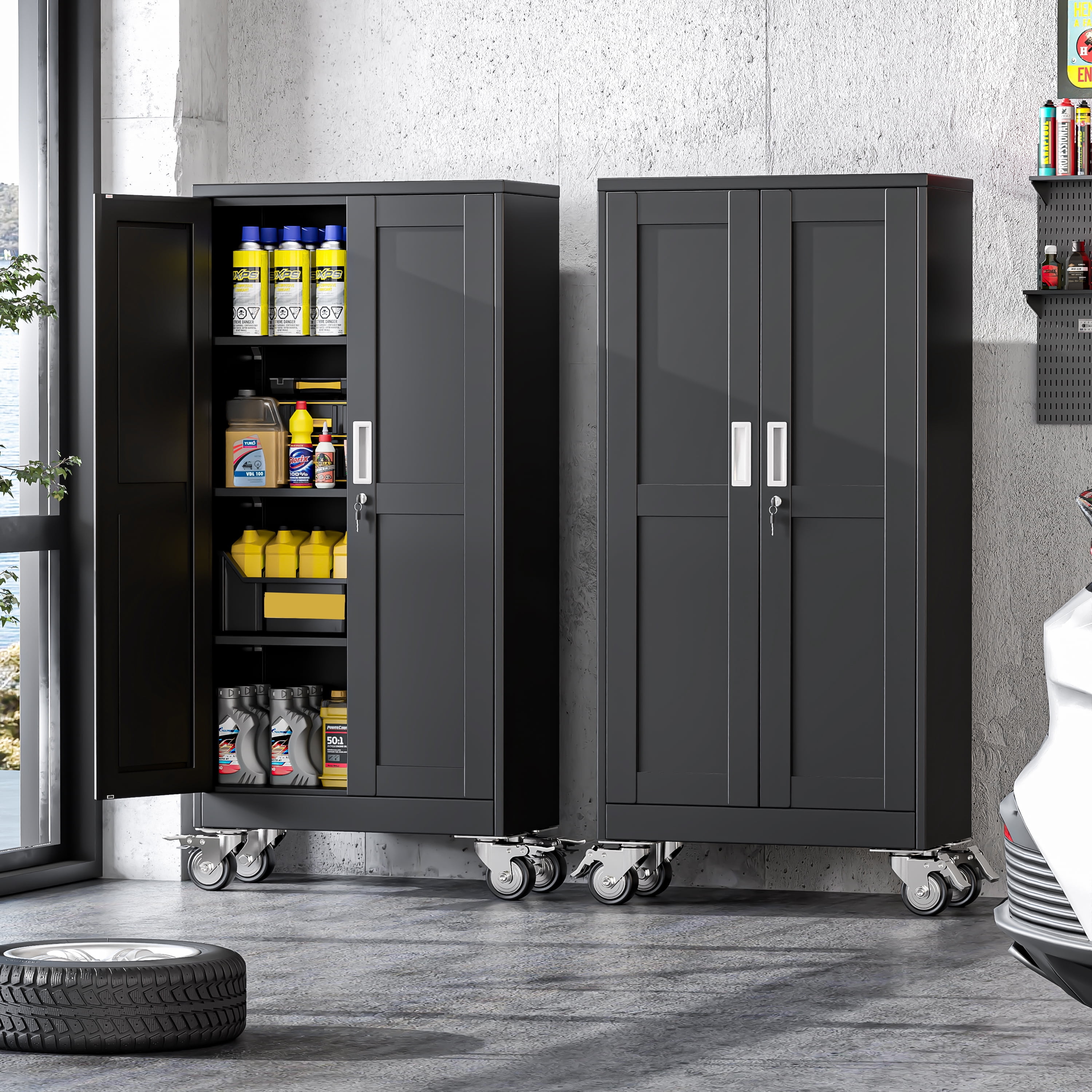 Erosoei 61"H Metal Garage Storage Cabinet with Wheels, Tool Storage Cabinet with 3 Adjustable Shelves