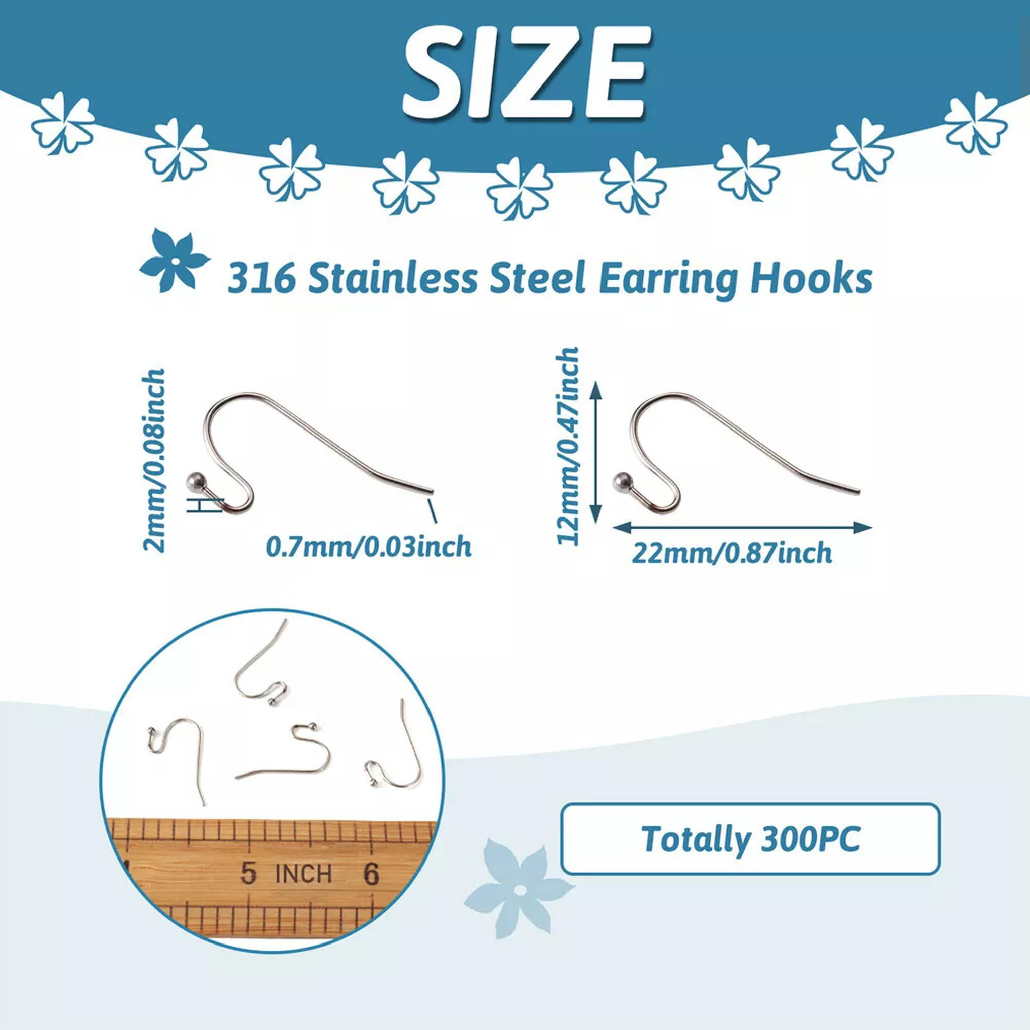 U8MO 300pcs Quality 304 Stainless Steel Earring Hooks Ball End Earwires Craft 22x12mm