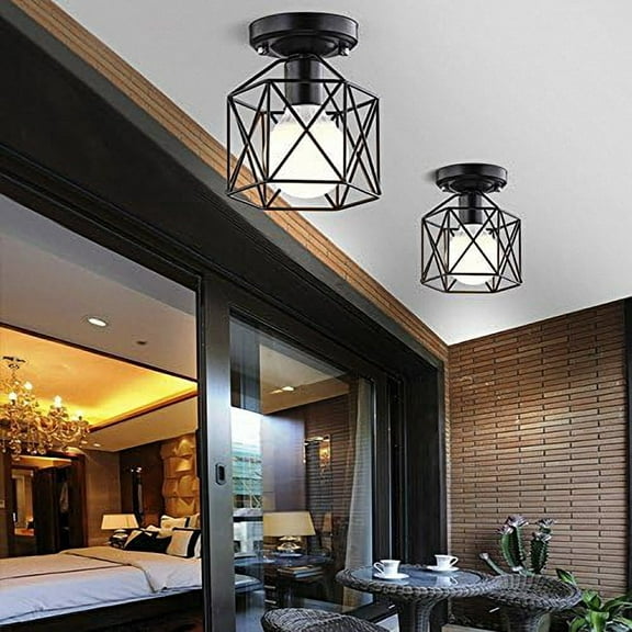 1-Light Black Hallway Light Fixtures Ceiling Mount,Retro Black Industrial Semi Flush Mount Ceiling Light for Porch Hallway Kitchen Farmhouse Lighting