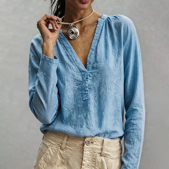 Women Solid Color V Neck Cotton Linen Blouse,Roll Up Long Sleeve Loose Bohemian Casual Shirt,Lightweight Breathable Basic Top for Daily Leisure,Travel Spring Summer 2026 Outfits Blue L