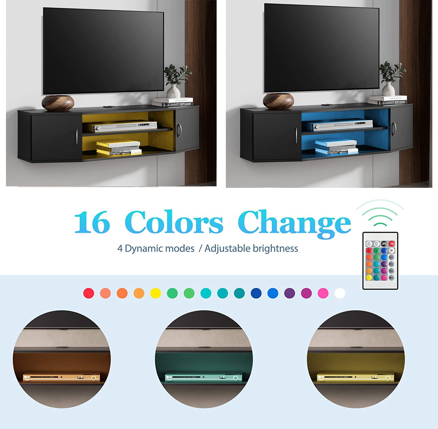 FITUEYES Floating TV Stand with Colorful LED Light, Wall Mounted TV Shlef, Entertainment Center Console Stand with Storage Cabinets for Living Room Bedroom