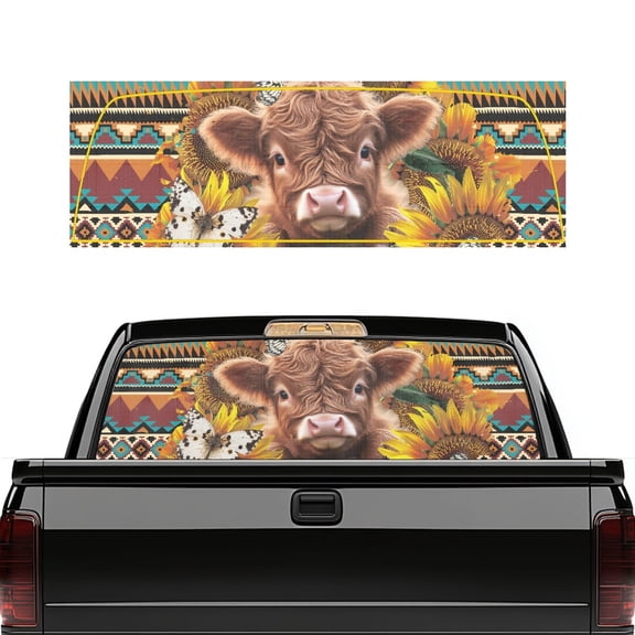 POLERO Highland Cow Sunflower Aztec Vinyl Truck Rear Windows Decals, 66.9 x 22.4 Inches Easy Install Perforated Truck Rear Window Decal for Most Pickup Trucks