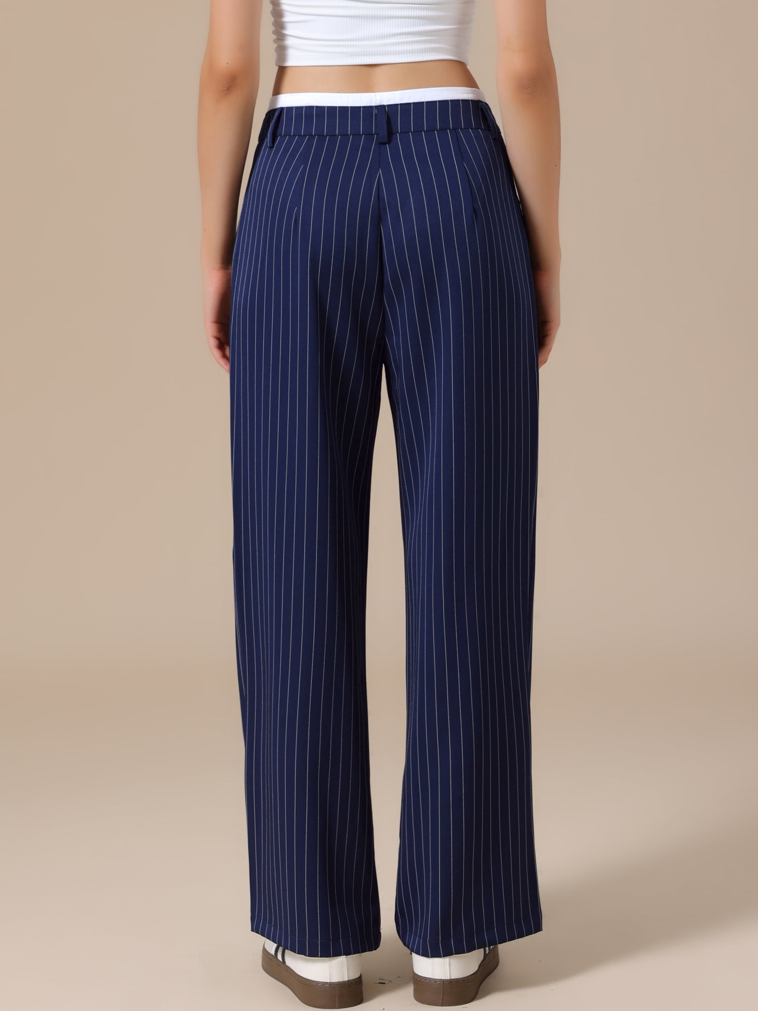 DARING DIVA Women's Striped Wide Leg Casual Work Long Pants Small Navy Blue