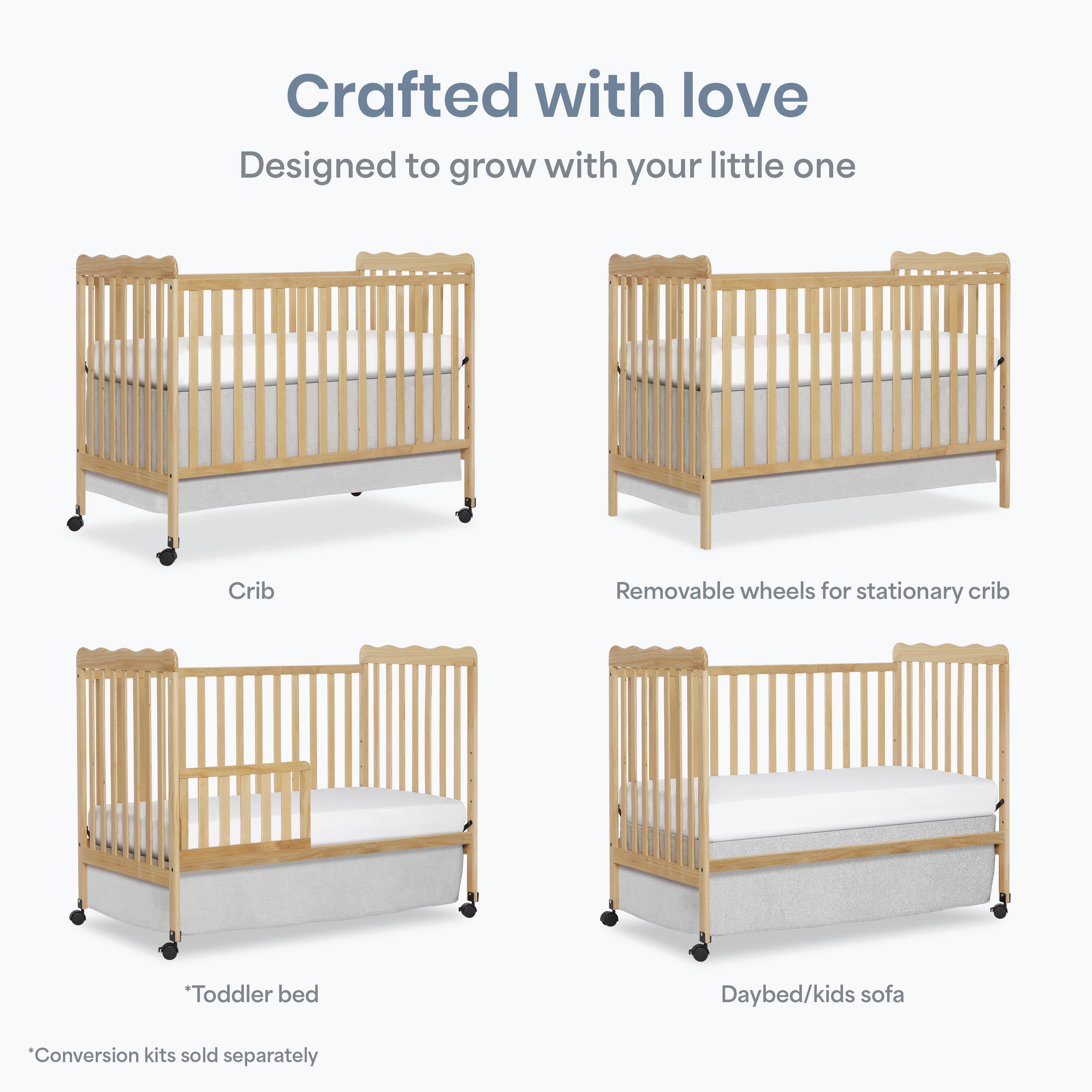 Dream On Me Carson Classic 3-in-1 Portable Crib in Natural, Removable Wheels, Converts from Baby Crib to Toddler Bed, Day Bed and Kids Sofa, Three Adjustable Mattress Height Positions