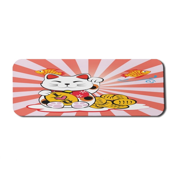 Japanese Computer Mouse Pad, Cartoon Style Oriental Composition with Starburst Lines Cat and Fishes Colorful, Rectangle Non-Slip Rubber Mousepad Large, 31" x 12" Gaming Size, Multicolor, by Ambesonne