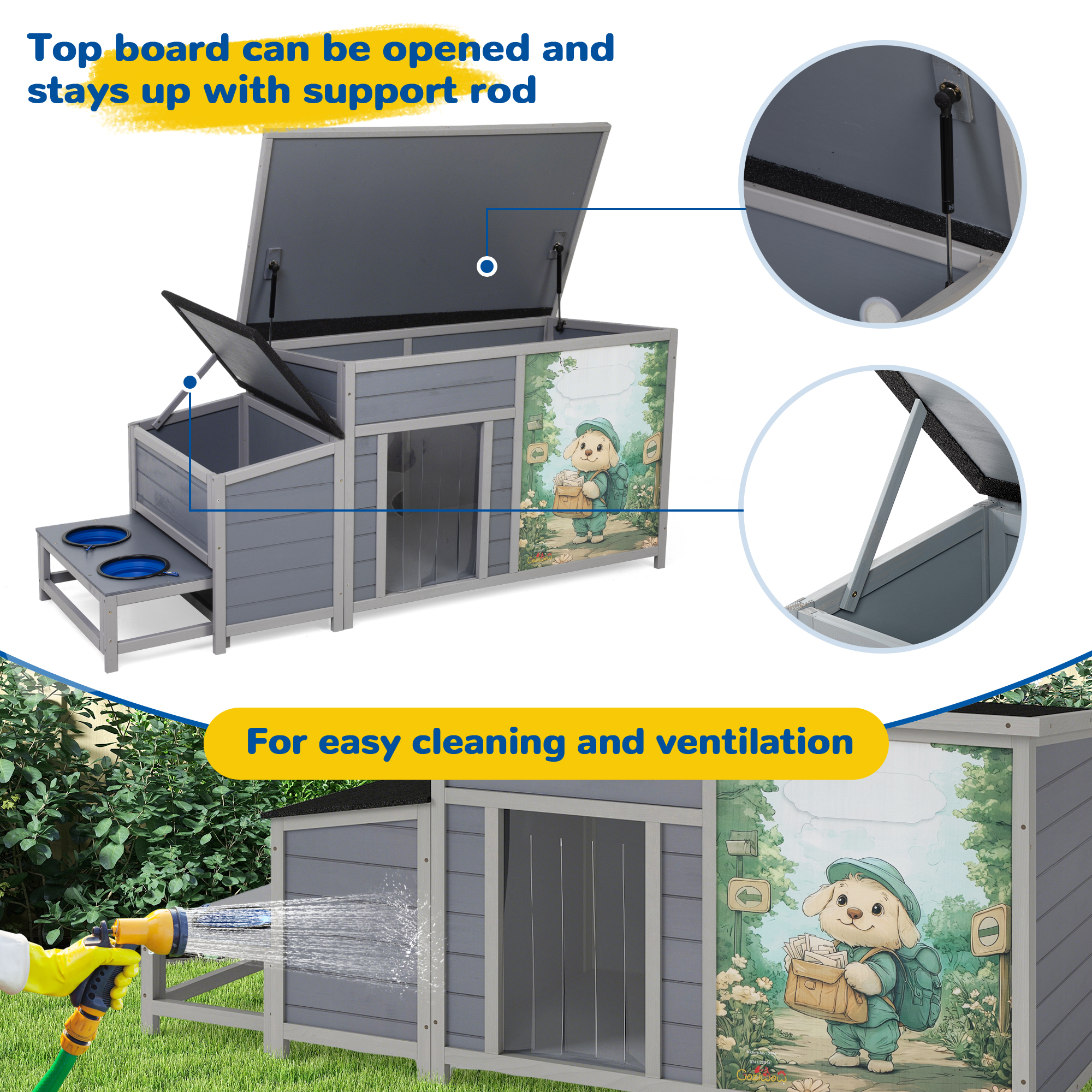 Jaxpety Dog House Outdoor Wooden Dog Kennel for Medium to Large Dogs with Weatherproof Roof, Slow Food Bowls, Storage Box