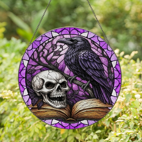 Lotusprinthandmade Crow Bird Skull and Book Stained Glass Suncatcher for Window Hanging Cir4in, bird skull window hanging, crow bird with book glass ornament