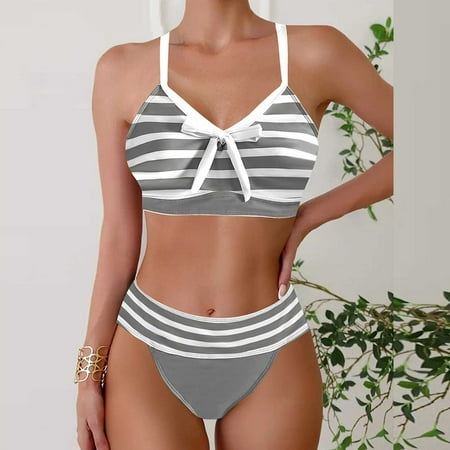 Ayolanni Gray Women s Plus Swim Bikini Tops Striped V-Neck Separate Two-Piece Sets Tween Swimwear 3x