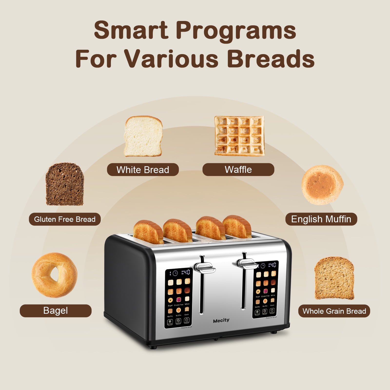 Mecity 4-Slice Toaster with Touchscreen, Stainless Steel, Wide Slots, 6 Browning Settings, Digital Display, Reheat, Defrost, Crumb Tray, Matte Black