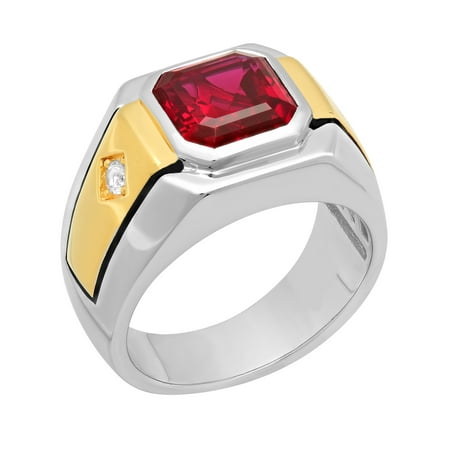 Emerald Mens Ring Gold Jewelry - Men’s 14K Gold Plated Sterling Silver Cubic Zirconia and Ruby Gemstone Ring