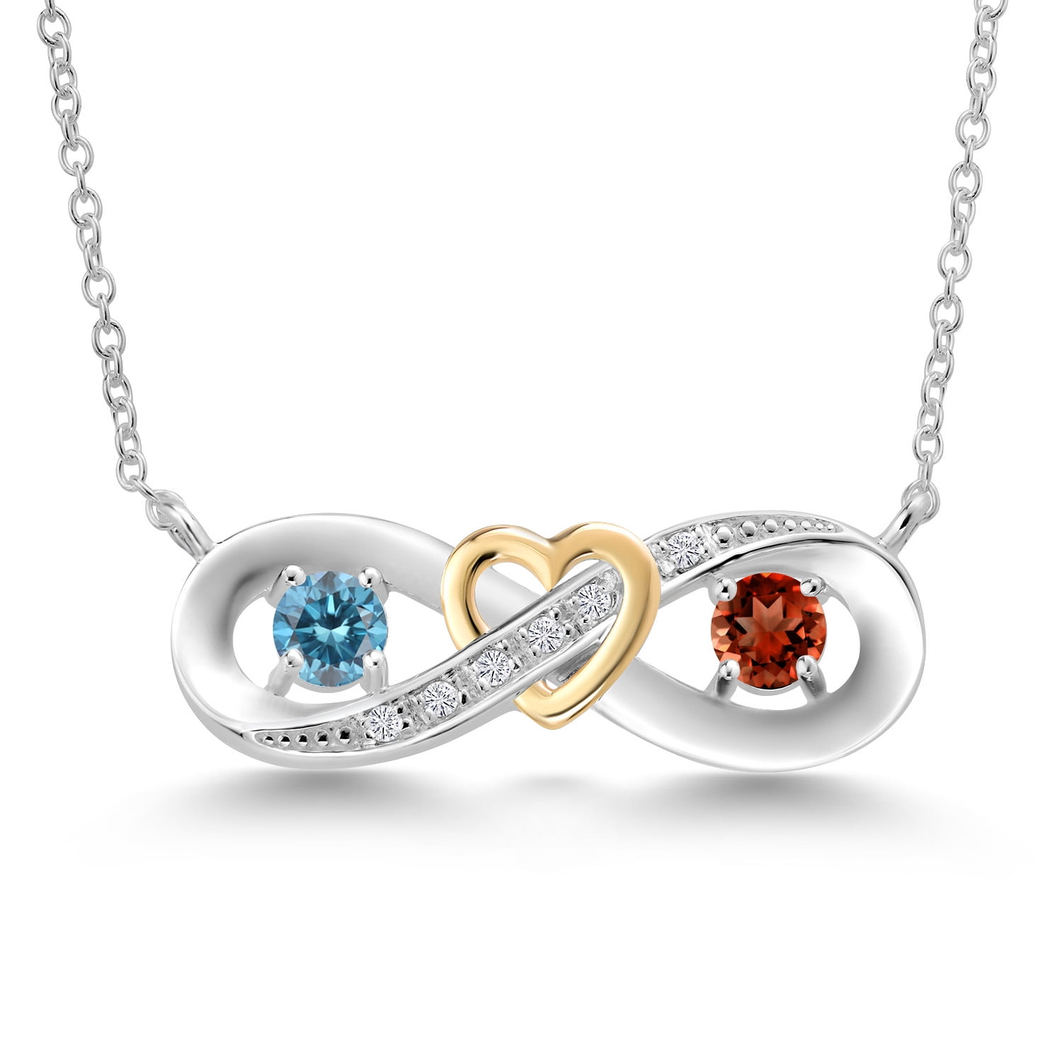 925 Silver and 10K Yellow Gold Blue Lab Grown Diamond and Red Garnet and Lab Grown Diamond Pendant Necklace for Women | 0.70 Cttw | Gemstone April Birthstone | Round 4MM | With 18 inch Chain