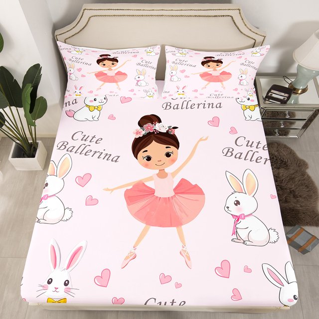 Erosebridal Ballet Dancer Fitted Sheet Queen, Kawaii Princess Fitted Sheet Set Queen, Cartoon Ribbon Bedding Queen Size, Microfiber Room Decorative, 3pcs(No Top Sheet)
