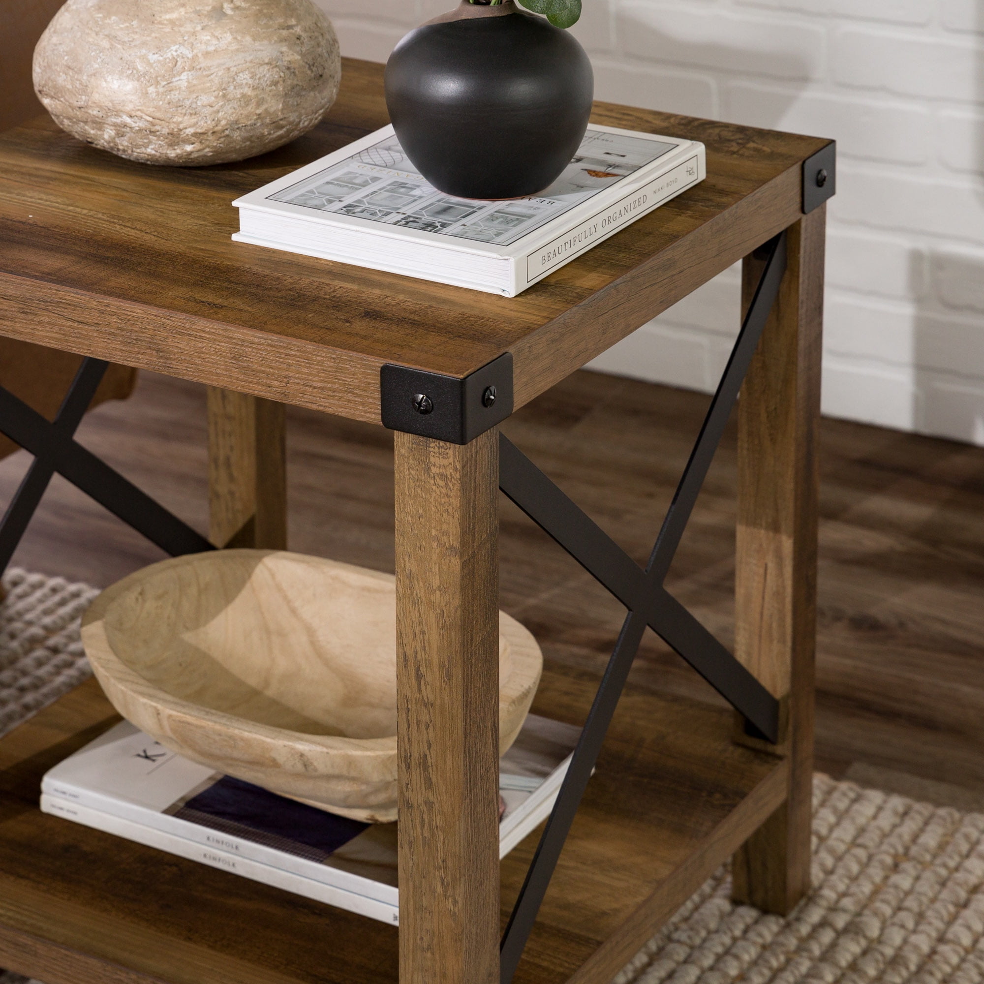 Walker Edison Magnolia Metal X End Table, Reclaimed Barnwood