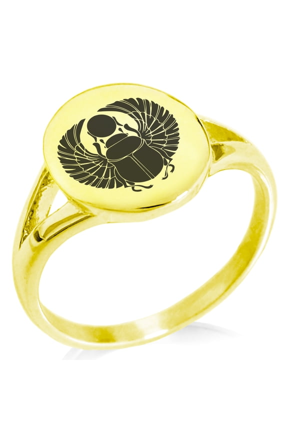 Stainless Steel Scarab Beetle Rising Sun Minimalist Oval Top Polished Statement Signet Ring