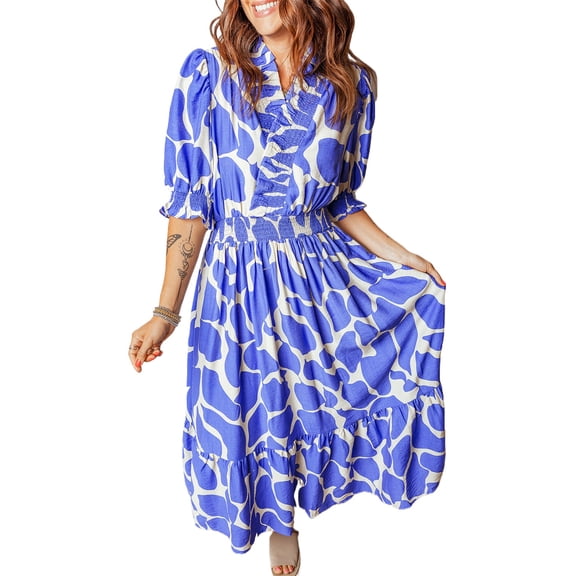 Women's Sky Blue Abstract Print Puff Sleeve Maxi Dress – Casual A-Line Style for Summer, XL