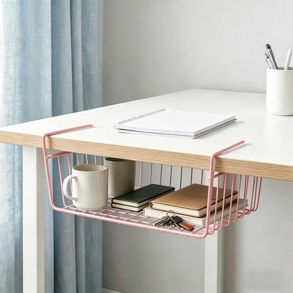 School Season Dorm Room Storage Basket, Under Shelf Hanging Organizer, Multi-Purpose Metal Storage Rack for Kitchen Bathroom Wardrobe Cabinet Pink