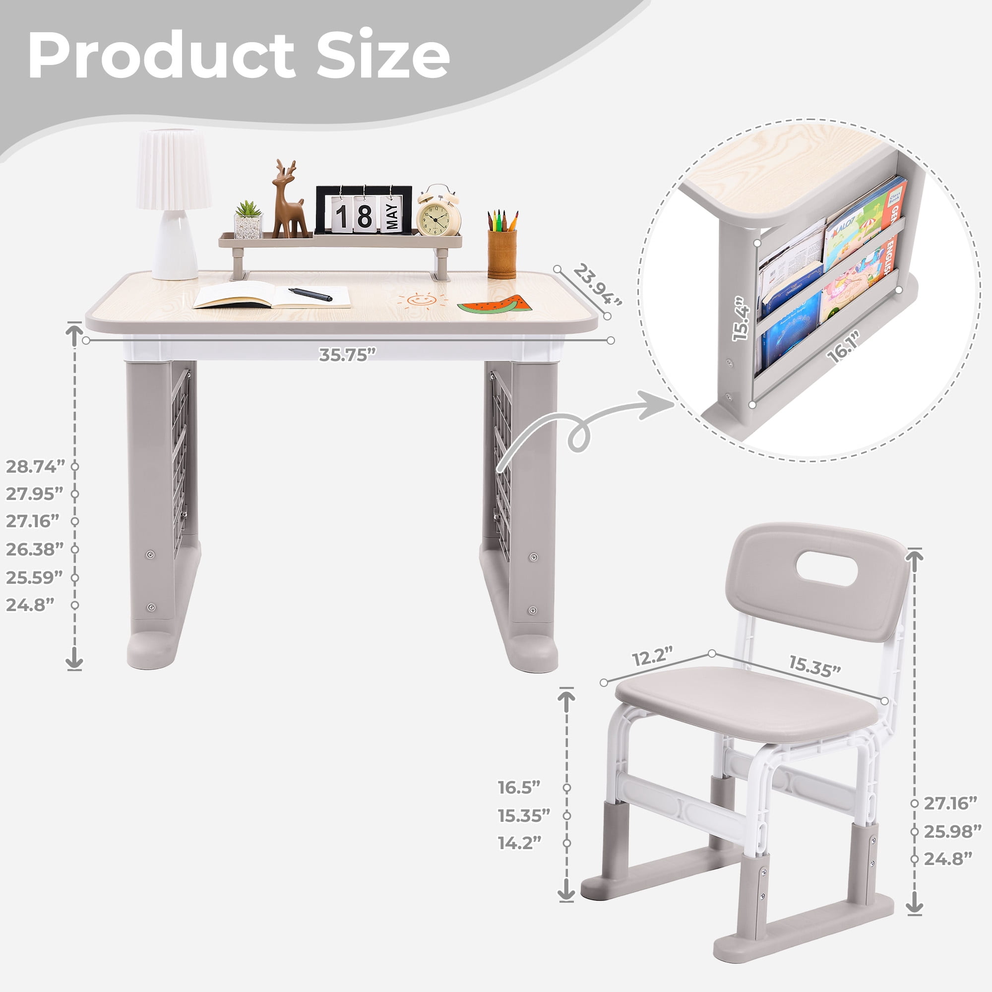 Kids Desk and Chair Set with Bookshelf & Storage, Height Adjustable, Multi-Activity Table for Study & Play, Ages 3-12