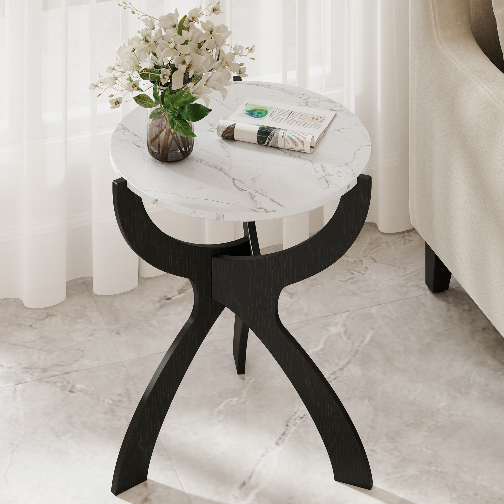 DSSTYLES Modern Coffee Table, Round White Coffee Table with Faux Marble