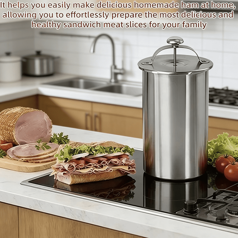 Upgrade Stainless Steel Deli Meat Press with Thermometer & Spring Mechanism, Maker Lunch Meats Presss for Healthy Home Cooking , Stainless Steel Ham Press Maker
