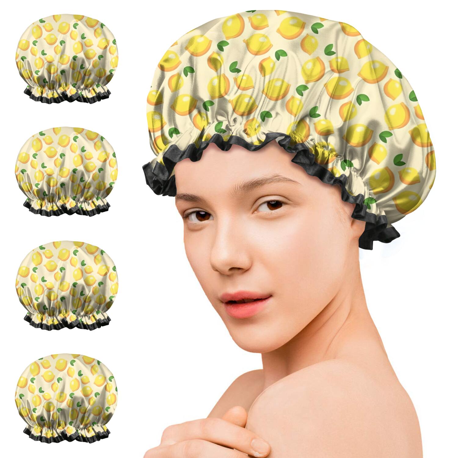 Shower Caps,Yellow Lemon Fruit Leaves Beige Pattern Waterproof Shower Cap for Women 4 Pieces,Double Reusable Hair Cover for Shower PEVA Elastic Stretch Hem
