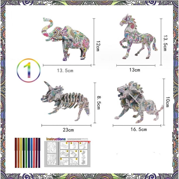 Puzzle 3D de 4 animales para colorear y construir, fomenta las manualidades para niñas y niños, león, dinosaurio, caballo, elefante, pintura, juego de bricolaje, 4 piezas con resaltador, animales 3D