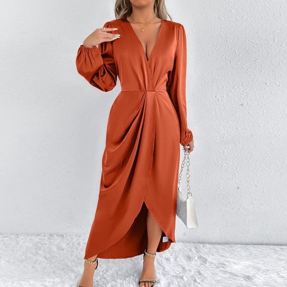 Blmnix Waisted Valentine Dresses for Girls High-Low Pleated Skirt V-Neck Long Sleeve Orange Winter Skirts for Women,M