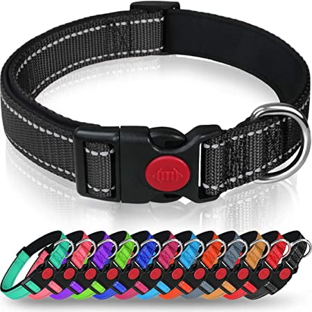Collar para perro, collar clásico ajustable de nailon reflectante con acolchado de malla suave y transpirable para perros pequeños, talla L, negro.