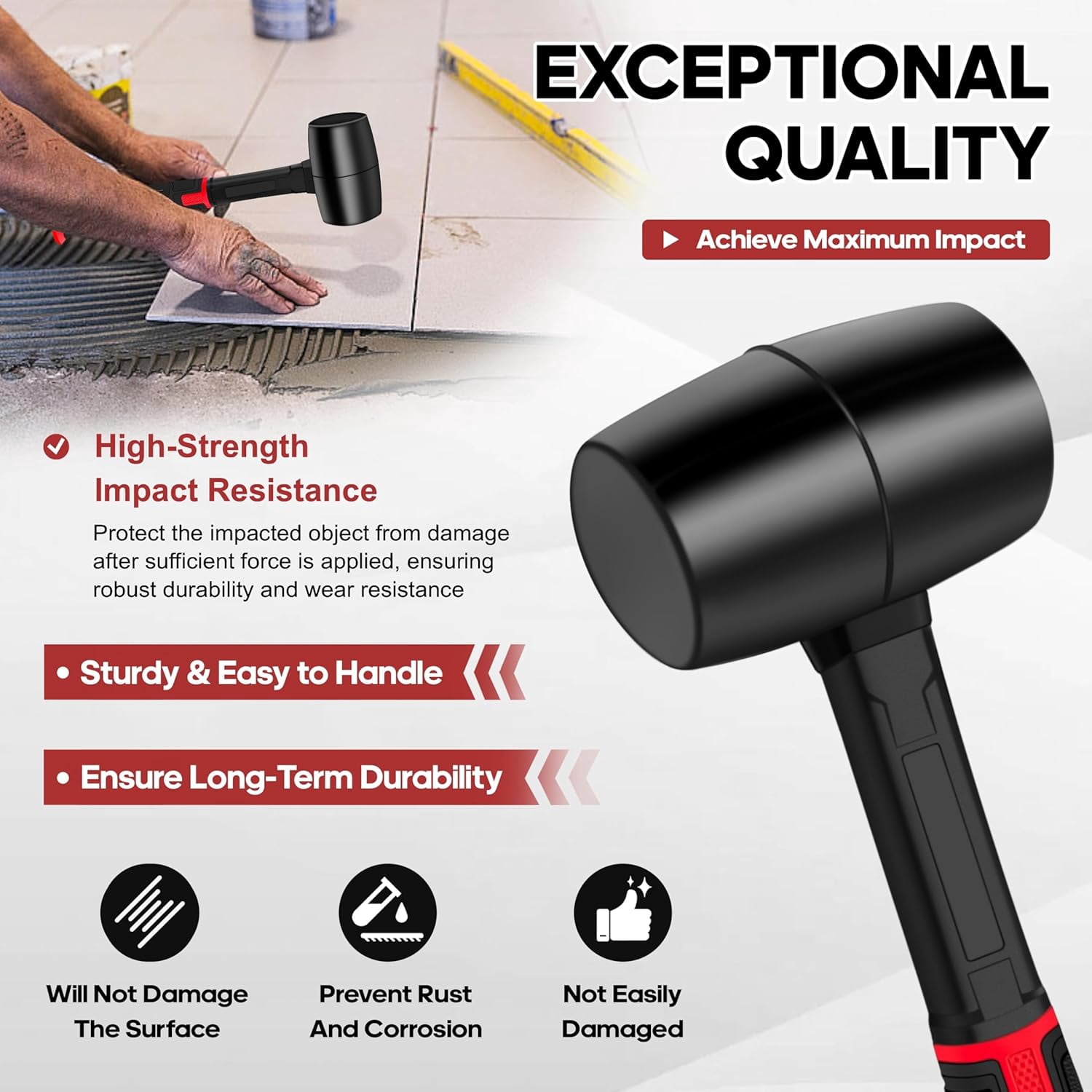 RGHJAR-16oz Rubber Mallet Hammer,Double Faced Soft Mallets,Durable Solid Rubber Head,Fiberglass Handle,Ergonomic Grip,Mallet for Flooring,Tent,Woodworking,Camping,Soft Blow Task without Damage