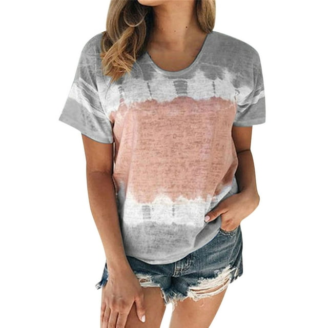Innerwin Tops Crew Neck Women T Shirt Summer Color Block Bohemian Tee Grey S