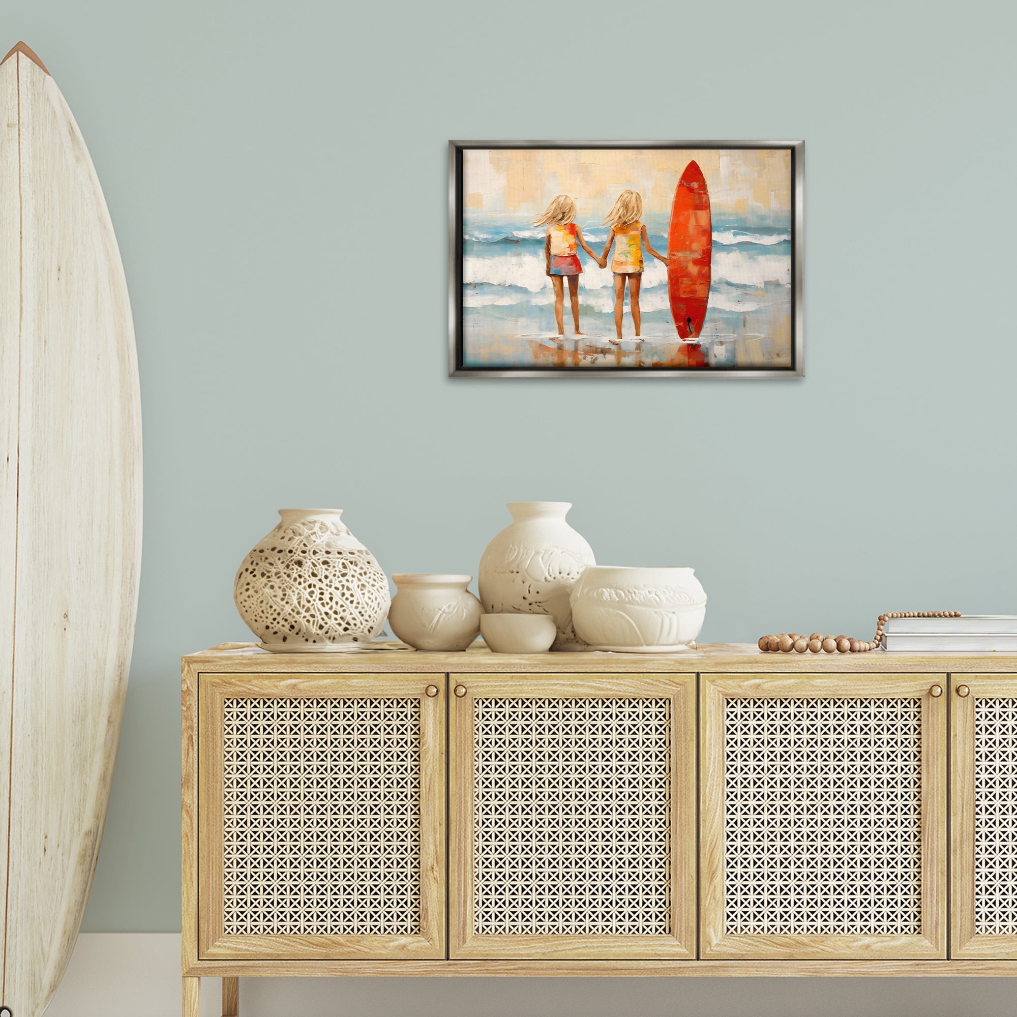 Stupell Industries Kids & Beach Surfboard People Painting Gray Floater Framed Canvas Art Print Wall Art, 25 x 17