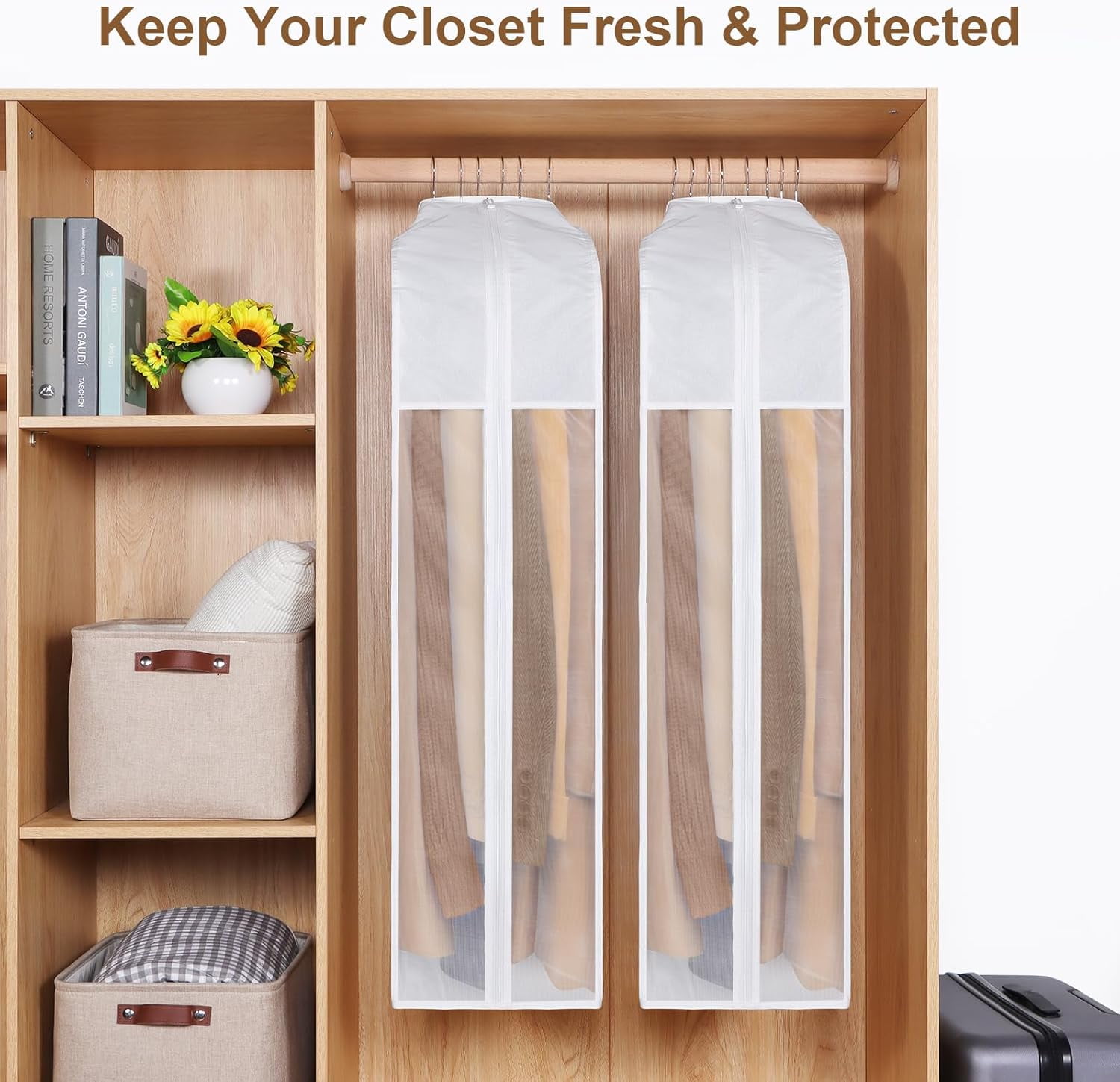 Premium Cotton Garment Bag for Hanging Clothes, Breathable Suit Bags for Closet Storage with Large Gusseted & Clear Window, Dust Cover with Zipper for Suits, Jacket, Pack