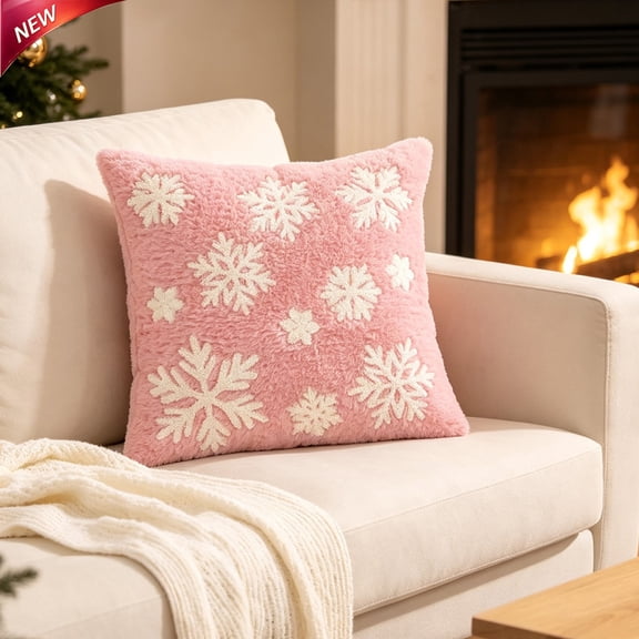 Clearance! Pink Christmas Throw Pillow Cover 18x18 Inch, Plush Snowflake Embroidery Decorative Cushion Case, Pillow Cases for Sofa Couch Bedroom Indoor Home Christmas Decor