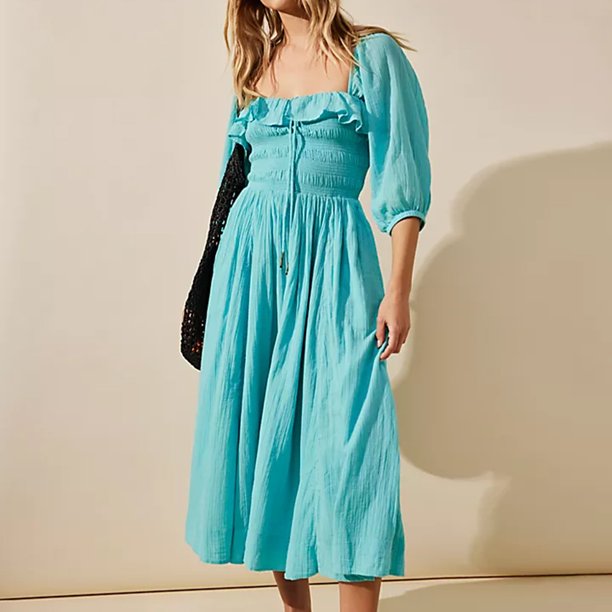 Vestido aleteo de mujer Vestido largo de cintura alta de media manga Una línea para vacaciones de viaje FLhrweasw Nuevo